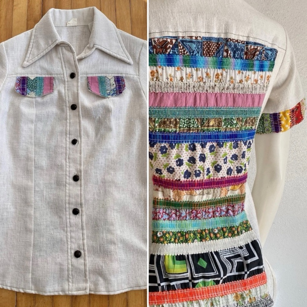 Vintage PATCHWORK SHIRT 1970s Button Front Up 70’s Floral Hippie Boho Artsy XS S